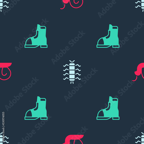 Set Snail, Centipede insect and Hunter boots on seamless pattern. Vector