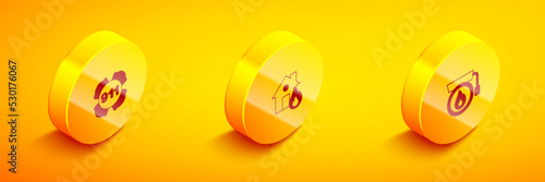 Set Isometric Emergency call 911, Fire in burning house and Ringing alarm bell icon. Vector