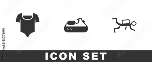 Set Swimsuit, Jet ski and Scuba diver icon. Vector