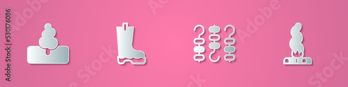 Set paper cut Tree, Waterproof rubber boot, Grilled shish kebab on skewer and Campfire icon. Paper art style. Vector