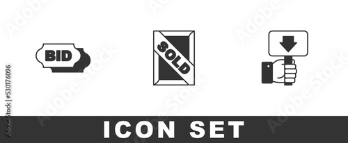 Set Bid, Auction painting sold and Hand holding auction paddle icon. Vector