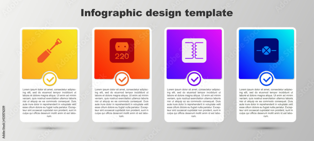 Set Screwdriver, Electrical outlet, transformer and Lamp in electronic circuit. Business infographic template. Vector