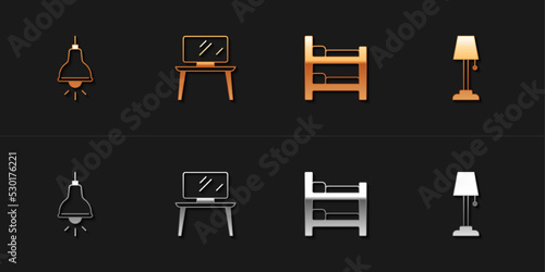 Set Lamp hanging, TV table stand, Bunk bed and Floor lamp icon. Vector