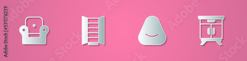 Set paper cut Armchair, Wardrobe, Pouf and Furniture nightstand icon. Paper art style. Vector