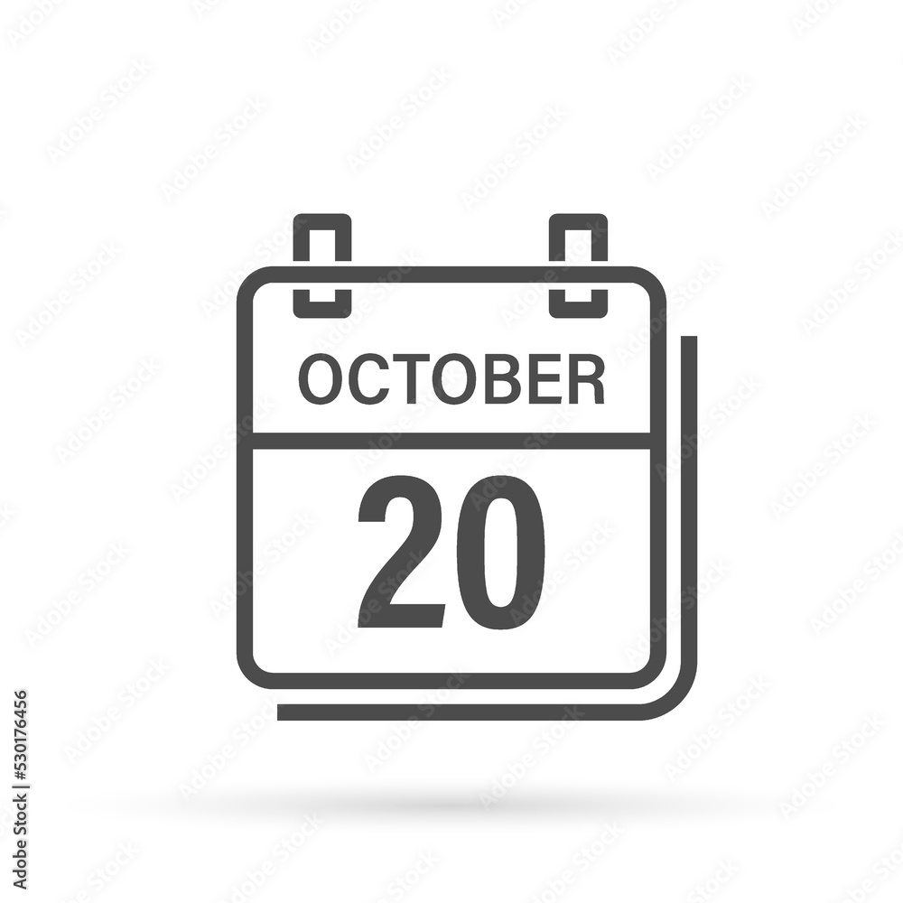 Calendar icon with shadow. October 20, Day, month. Flat vector illustration. Calendar icon with shadow. October 20, Day, month. Flat vector illustration.