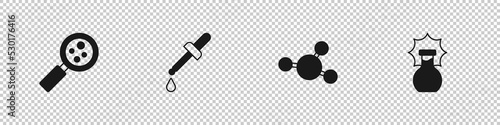 Set Microorganisms under magnifier, Pipette, Molecule and Explosion in the flask icon. Vector