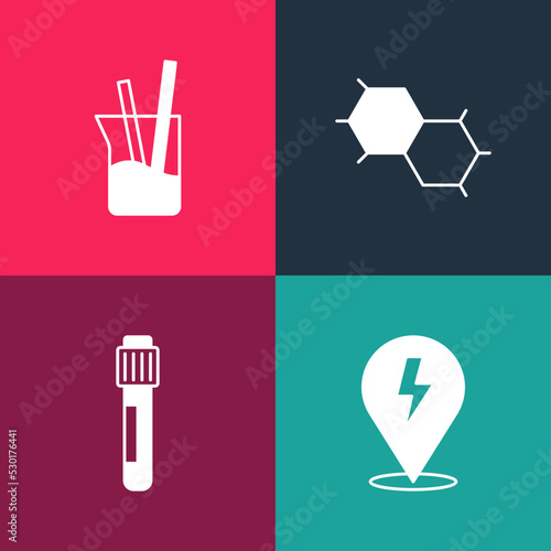 Set pop art Lightning bolt, Test tube, Chemical formula and Laboratory glassware icon. Vector