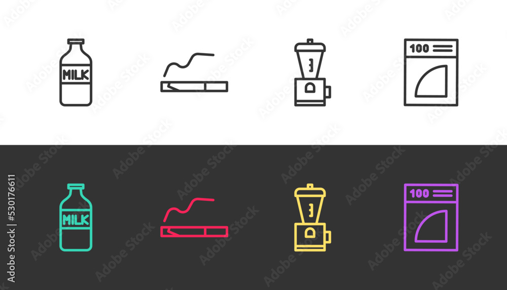 Set line Bottle with milk, Cigarette, Electric coffee grinder and Coffee paper filter on black and white. Vector