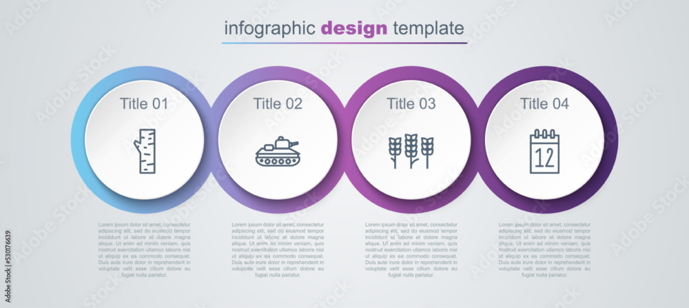 Set line Birch tree, Military tank, Wheat and Calendar 12 june. Business infographic template. Vector Set line Birch tree, Military tank, Wheat and Calendar 12 june. Business infographic template. Vector