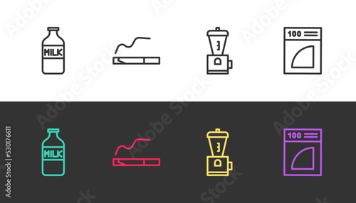Set line Bottle with milk, Cigarette, Electric coffee grinder and Coffee paper filter on black and white. Vector