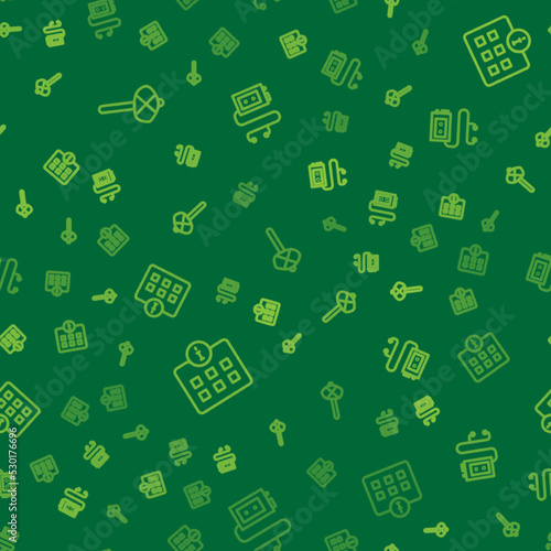 Set line Stone age hammer, Information and Museum audio guide on seamless pattern. Vector