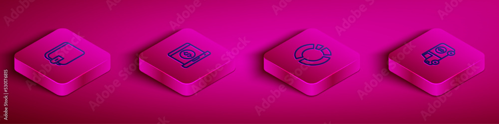 Set Isometric line Wallet, Laptop with dollar, Pie chart infographic and Armored truck icon. Vector Set Isometric line Wallet, Laptop with dollar, Pie chart infographic and Armored truck icon. Vector