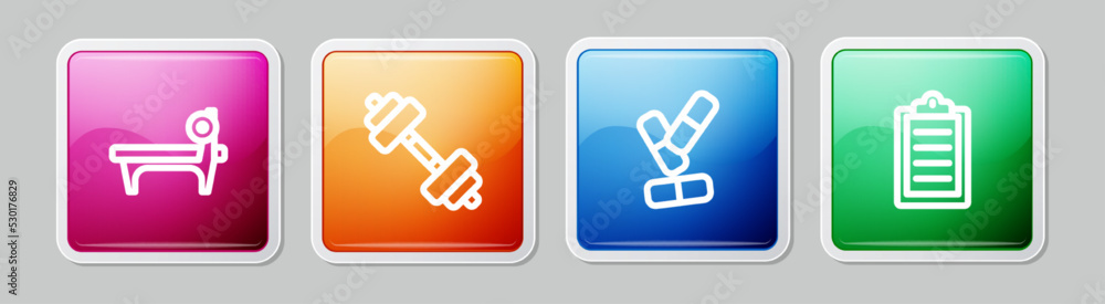 Set line Bench with barbel, Dumbbell, Vitamin pill and Sport training program. Colorful square button. Vector Set line Bench with barbel, Dumbbell, Vitamin pill and Sport training program. Colorful square button. Vector