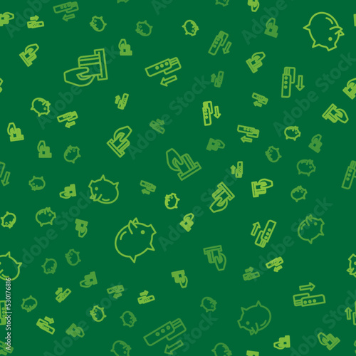 Set line Credit card inserted, Piggy bank and Pos terminal on seamless pattern. Vector