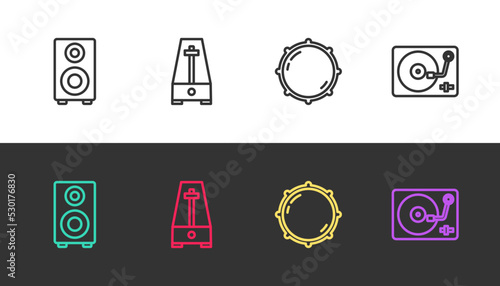 Set line Stereo speaker, Metronome with pendulum, Dial knob level and Vinyl player vinyl disk on black and white. Vector