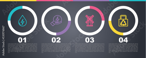 Set line Water energy, Lightning bolt, Wind turbine and Paper bag with recycle. Business infographic template. Vector