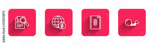 Set line Paper analysis magnifying, International law, Law book and Ball chain with long shadow. Red square button. Vector