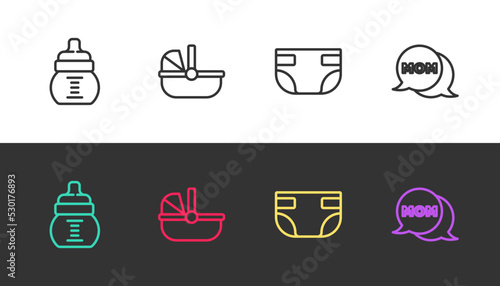 Set line Baby bottle, stroller, absorbent diaper and Speech bubble mom on black and white. Vector