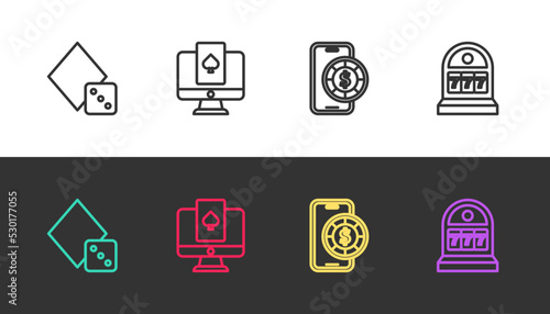 Set line Game dice, Online poker table game, and Slot machine with jackpot on black and white. Vector