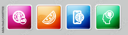 Set line Casino chips, slot machine with watermelon, Online poker table game and clover. Colorful square button. Vector
