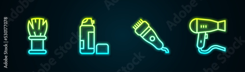 Set line Shaving brush, gel foam, Electrical hair clipper and Hair dryer. Glowing neon icon. Vector