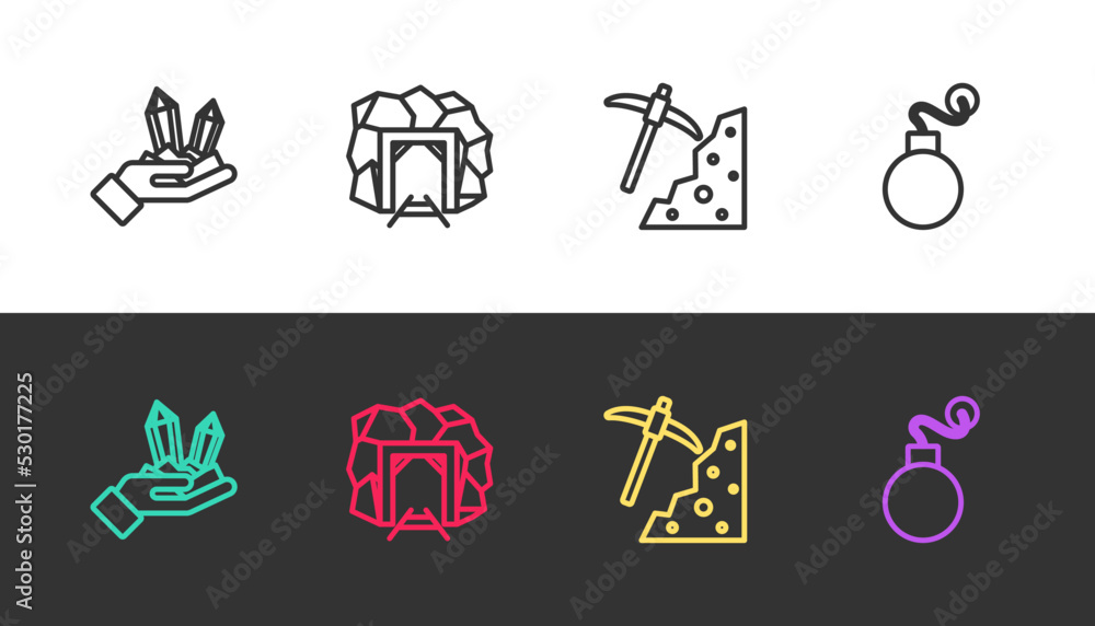 Set line Gem stone, Mine entrance, Pickaxe and Bomb on black and white. Vector Set line Gem stone, Mine entrance, Pickaxe and Bomb on black and white. Vector