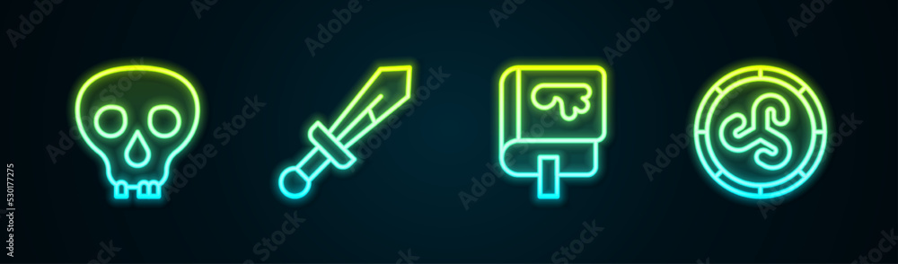 Set line Skull, Medieval sword, Viking book and Shield viking. Glowing neon icon. Vector