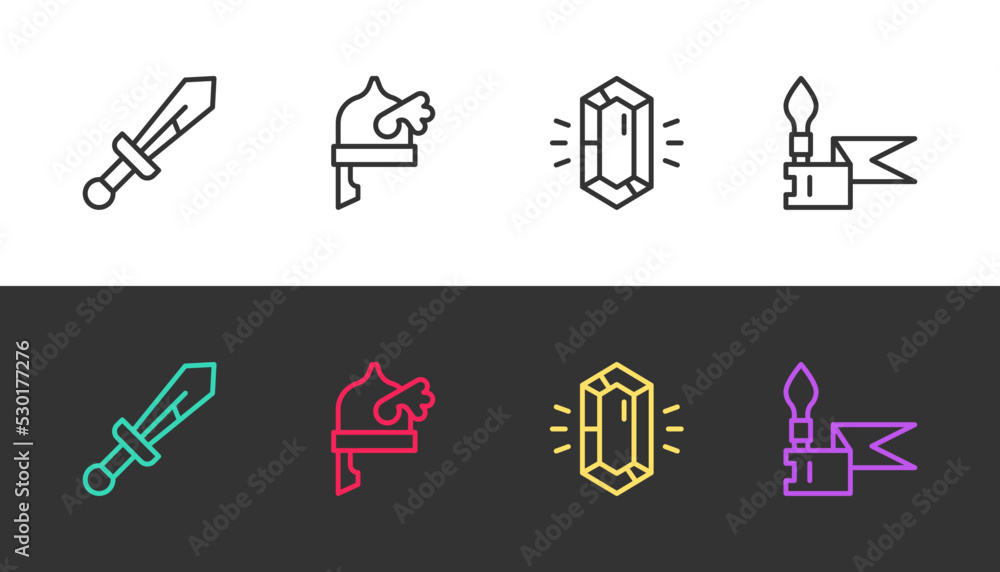 Fototapeta premium Set line Medieval sword, Viking in horned helmet, Gem stone and spear on black and white. Vector
