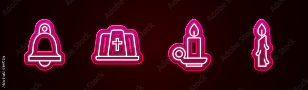 Set line Church bell, Pope hat, Burning candle in candlestick and . Glowing neon icon. Vector