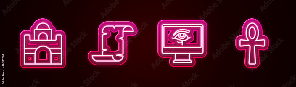 Set line Egyptian house, Papyrus scroll, Eye of Horus on monitor and Cross ankh. Glowing neon icon. Vector