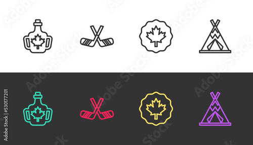 Set line Bottle of maple syrup, Ice hockey sticks, Canadian leaf and Indian teepee or wigwam on black and white. Vector
