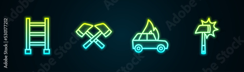 Set line Fire escape, Firefighter axe, Burning car and . Glowing neon icon. Vector