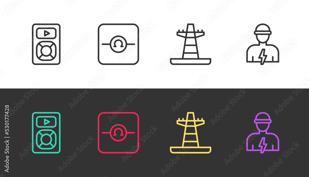 Set line Music player, Ohmmeter, Electric tower line and Electrician on black and white. Vector Set line Music player, Ohmmeter, Electric tower line and Electrician on black and white. Vector
