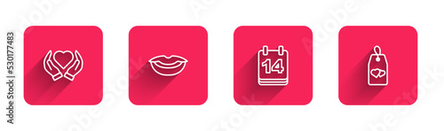 Set line Heart in hand, Smiling lips, Calendar with February 14 and Please do not disturb heart with long shadow. Red square button. Vector