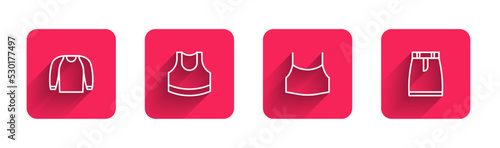 Set line Sweater, Female crop top, and Skirt with long shadow. Red square button. Vector