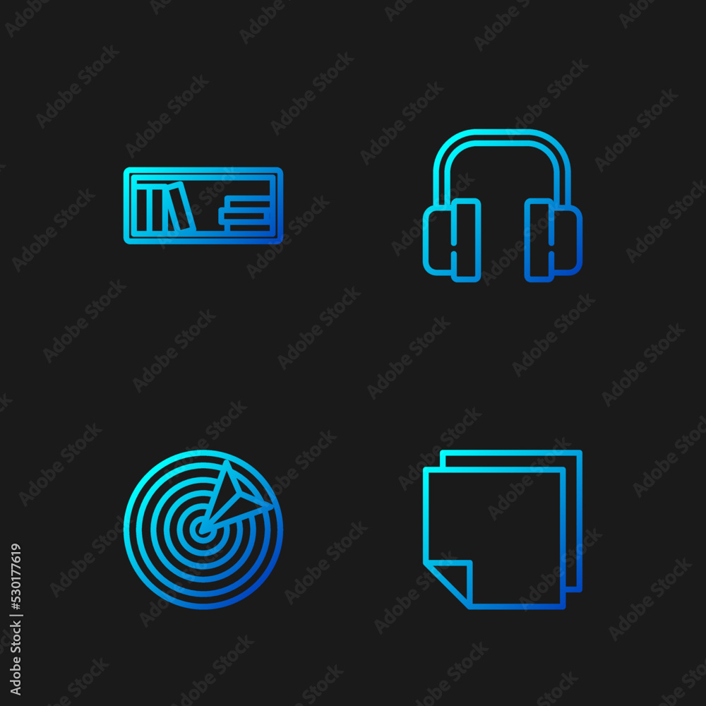 Set line Post note stickers, Target sport, Shelf with books and Headphones. Gradient color icons. Vector Set line Post note stickers, Target sport, Shelf with books and Headphones. Gradient color icons. Vector