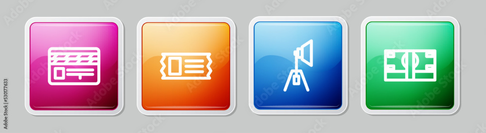 Set line Movie clapper, Cinema ticket, spotlight and Stacks paper money cash. Colorful square button. Vector Set line Movie clapper, Cinema ticket, spotlight and Stacks paper money cash. Colorful square button. Vector