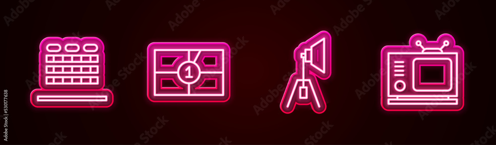 Set line Cinema auditorium with seats, Old film movie countdown frame, Movie spotlight and Retro tv. Glowing neon icon. Vector Set line Cinema auditorium with seats, Old film movie countdown frame, Movie spotlight and Retro tv. Glowing neon icon. Vector