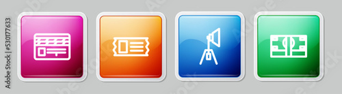Set line Movie clapper, Cinema ticket, spotlight and Stacks paper money cash. Colorful square button. Vector