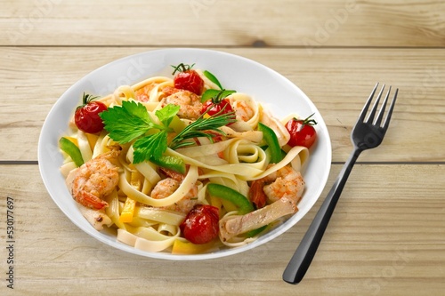 Pasta Spaghetti in plate with sauce, italian cuisine dish.