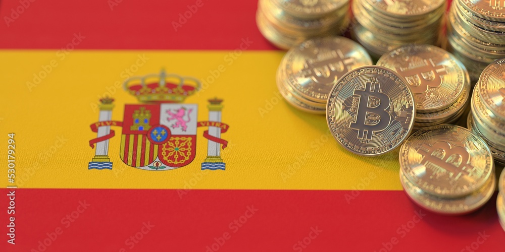Pile of bitcoins and flag of Spain. National cryptocurrency regulations conceptual 3d rendering
