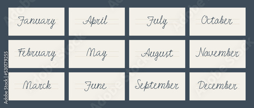 Set of cards with handwritten text of the month of the year. January to December, 12 months in total, written on a flat line. Hand drawn lettering on a white background.