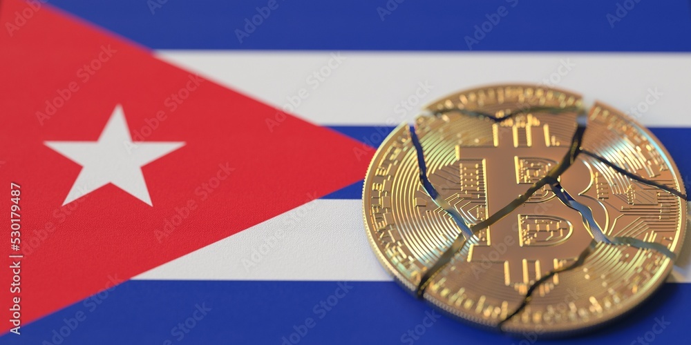Flag of Cuba and destroyed bitcoin. Cryptocurrency ban or restrictions related 3d rendering Flag of Cuba and destroyed bitcoin. Cryptocurrency ban or restrictions related 3d rendering