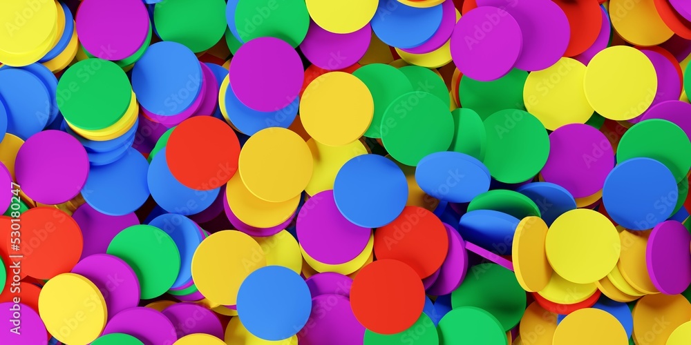 Heap of LGBTQ rainbow flag colored chips, LGBTQ background template, flat lay top view from above