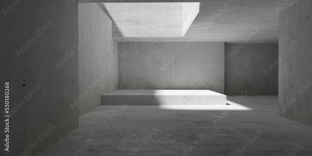Abstract large, empty, modern concrete room, with ceiling opening in the corner, raised platform and rough floor - industrial interior background template Abstract large, empty, modern concrete room, with ceiling opening in the corner, raised platform and rough floor - industrial interior background template