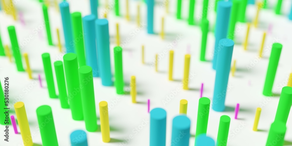 Lines of cylinders with different height on white background, abstract modern data visualisation, science, research or business datum concept Lines of cylinders with different height on white background, abstract modern data visualisation, science, research or business datum concept