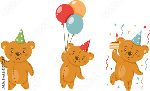 Vector children s set. Cute bears celebrating a birthday. Teddy bear flying on on balloons. Collection for children s birthday. 