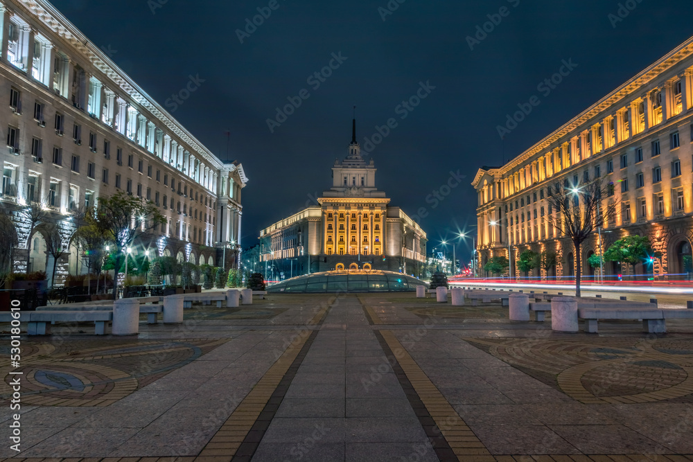 Largo ensemble, National Assembly and city lights at night, Sofia, Bulgaria