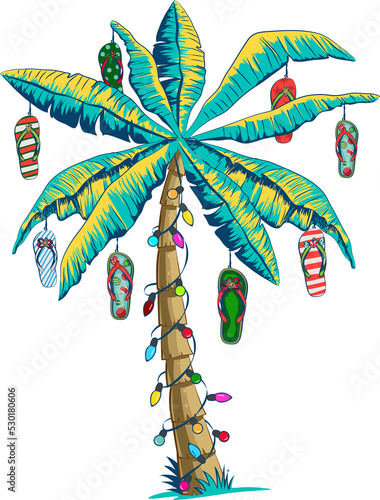 design tropical Christmas, Christmas decoration in tropical style, Christmas style sandals on the beach, Isolate individual PNG objects.