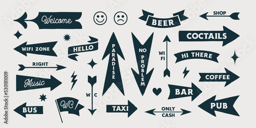Arrow set icons. Black and white collection vintage sign, symbols and graphic elements. Flat arrow set for decorative design. Hand-drawn graphics, drawing sign. Modern arrows. Vector Illustration